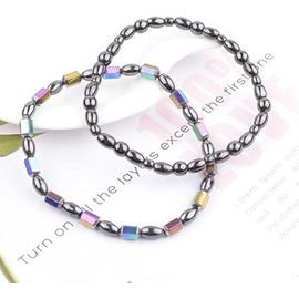 2pcs Anklet Hematite Relieve Joint Pain Healing Therapy Healthy Foot Anklet for Women Men， round bead bracelet (Color+Black, One size)