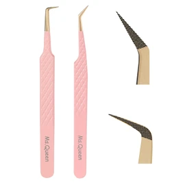 Ms.Queen - Juego de pinzas para pestañas, 2 piezas profesionales de punta de fibra de 45 90 grados de volumen mega pinzas de extensión de pestañas