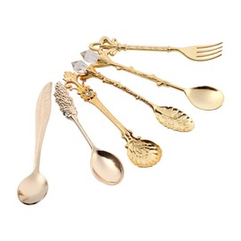 Exquisito juego de tenedores de cucharas retro, cubiertos nostálgicos tallados de estilo real para frutas, café, pasteles, postres, bocadillos dulces, etc. 6 piezas/juego(Oro)
