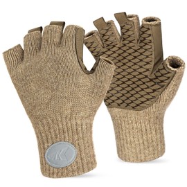 KastKing Bully Wooly Fingerless Wool Fishing Gloves, Cold Weather Warm Glove for Ice Fishing, Winter Gloves for Women & Men, Khaki, Small/Medium