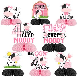 Jollyboom 4 Ever Moody Birthday Decorations Girl, 8Pcs Cow Print Honeycomb Centerpieces Cow 4th Birthday Decorations for Girl 4 Year Old Birthday Decoration Cow Theme Party