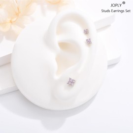 3 Pairs Sterling Silver Stud Earrings for Women Girls, Small Simulated Diamond Earrings Pink Cubic Zirconia Flower Stud Earrings Sleeper Earrings Set for Multiple Pirercings, 2.5/3.5/4mm
