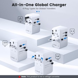 100W Universal Travel Adapter, International Plug Adapter Built-in Type-c Cable Fast Charging & 4 USB Charging Ports, Travel Adapter Worldwide for US to Europe EU UK AUS Ivory