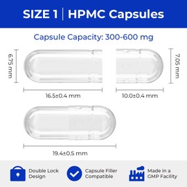 ATLEMISME Empty Capsules Size 1 500 count,Clear Empty Vegan Capsules Kosher,Halal and Non GMO Certified for DIY Supplements.Hypoallergenic Veggie Capsules Empty with 2 Spoons,Adapted to the Capsule Filler