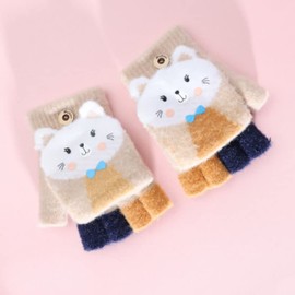 Kids Fingerless Convertible Flip Top Gloves Cute Cartoon Half Finger Mittens Soft Lined Fleece Thermal Warm Gloves for 5-12 Y