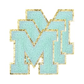 QUARKZMAN Chenille Letters M Patches Large Size 80 mm / 3.15 Inch Iron-On Letters M Patches Golden Glitter Embroidery for Clothes, Shoes, Hats, Backpacks Pack of 3 (Blue)