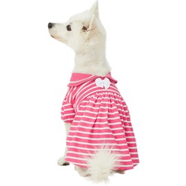 Blueberry Pet Sea Lover Rose Pink Striped Cotton Blend Dog Dress with Bowtie, Back Length 12", Pack of 1 Clothes for Dogs
