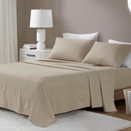 Beautyrest Cotton Sheet Set Cozy Print 100% Cotton Flannel Sheets Warm & Fuzzy Bedding Set, Oversized Sheets, Deep Pocket Fits Up to 16" Mattress Queen Bed Sheets Queen Beige/White Stripes 4 Piece