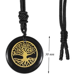 SUNYIK Engraved Black Obsidian Crystal Stone Necklace for Women Men Healing Crystal Amulet Round Stone Pendant for Protection with Adjustable Rope 18"-25", Tree Symbol