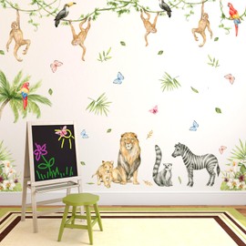 Wall Sticker Safari Animals Wall Stickers, 2 Pieces Wild Animal Wall Stickers, Jungle Animals Vines Wall Sticker Giraffe Lion Zebra Safari Leaves Wall Sticker for Baby Room Bedroom Wall Decoration