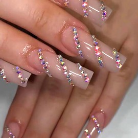 MISUD Press on Nails Long Square Fake Nails Glossy Glue on Nails Nude Acrylic Nails Squoval Artificial Nails Luxury Rhinestone Stick on False Nails with Design 24 pcs