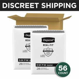Depend Real Fit Adult Diapers, Incontinence Underwear for Men, Disposable, Maximum Absorbency, Small/Medium, Black, 56 Count (2 Packs of 28), Packaging May Vary