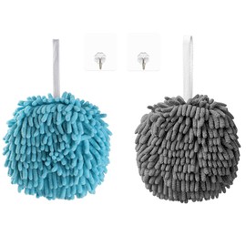Juego de 2 toallas de mano de chenilla, toallas de mano de baño con lazo para colgar, súper absorbentes para colgar en la cocina, toallas de mano de microfibra de secado rápido (gris y azul)