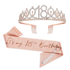 YongHang 18th Birthday Girl Decoration Sash and Tiara Rose Gold 18th Birthday Gifts Crown for Birthday Girl Party Decorations