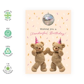 Disco Party Birthday Card - 'Wonderful Birthday Bear Disco' - Gifts for Friends, Bestie, BFF, Sister, Coworker, Colleagues - Time To Dance - Comes with Fun Stickers