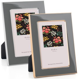 Venusmiles 4x6 Enamel Picture Frame, 2pcs Gold Silver Metal Edge with Easel, Real Glass Photo Frame for Wall and Tabletop Display Family Office Photo Gallery, Grey Enamel