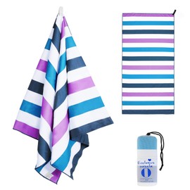 Exclusivo Mezcla Oversized Microfiber Quick Dry Beach Towel, Lightweight Sand-Free Cabana Stripe Pool Travel Camping Towel with Bag (Dark Purple, 35x70 Inches)