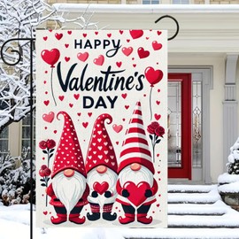 BlissYard Happy Valentine's Day Garden Flag Double Sided 12x18 Inch Gnomes Hearts Welcome Yard Outdoor Flag Valentines Day Gnome Love Hearts Garden Flag Yard Flag Outdoor Outside Holiday Decoration