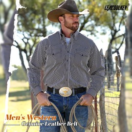 LEACOOLKEY Men's Leather Belt Western Cowboy Leather Belt for Jeans Pants Snap Belt with Detachable Buckle