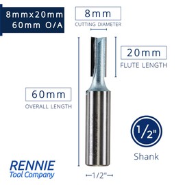 Rennie Tools - 8mm Cutting Diameter x 20mm Flute x 1/2" Shank TCT Tipped 2 Flute Straight Router Cutter Bit. Compatible With Makita Trend Festool Hikoki Dewalt Router Etc. 8mm Router Bit