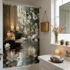 EUBTPA Lotus Zen Bamboo Shower Curtain Stone Spa Floral Flowers Pastel Moon Candle Relaxing Artwork Bath Decor Polyester Fabric Curtains 70X70 Inch