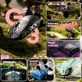 ATTACK SHARK G3 Wireless Gaming Mouse,Tri-Mode 2.4G/BT5.2/USB-C Gaming Mouse,PAW3311 Sensor,25,000 DPI,59g Lightweight,5 Programmable Buttons,500mAh Rechargeable Gaming Mice,PC/Mac(Black&Sticker)