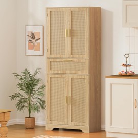 Iwell Iwell 67'H Tall Storage Cabinet with 2 Adjustable Shelves & Large Drawer, Rattan Cabinet with 4 Doors, for Dining Room, Living Room, Home Office, Natural