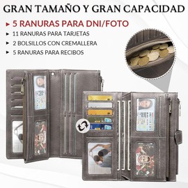 SlowTon Cartera para Mujer, 23 Ranuras Gran Capacidad Carteras con Bloqueo RFID, Trifold Clip Billetera de Dama con Bolsillo con Cremallera Monedero y Pulsera Desmontable, Regalos Para Mujeres