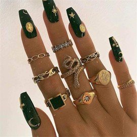 Zoestar Boho Crystal Finger Rings Gold Snake Vintage Joint Knuckle Rings Set Stackable Hollow Carved Ring for Women and Girls (Pack of 9)