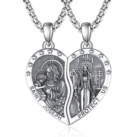 ADMETUS St Joseph Necklace Sterling Silver Miraculous Medal Virgin Mary Pendant Jewelry Heart Couple Necklaces Matching Religious Gifts for Him and Her