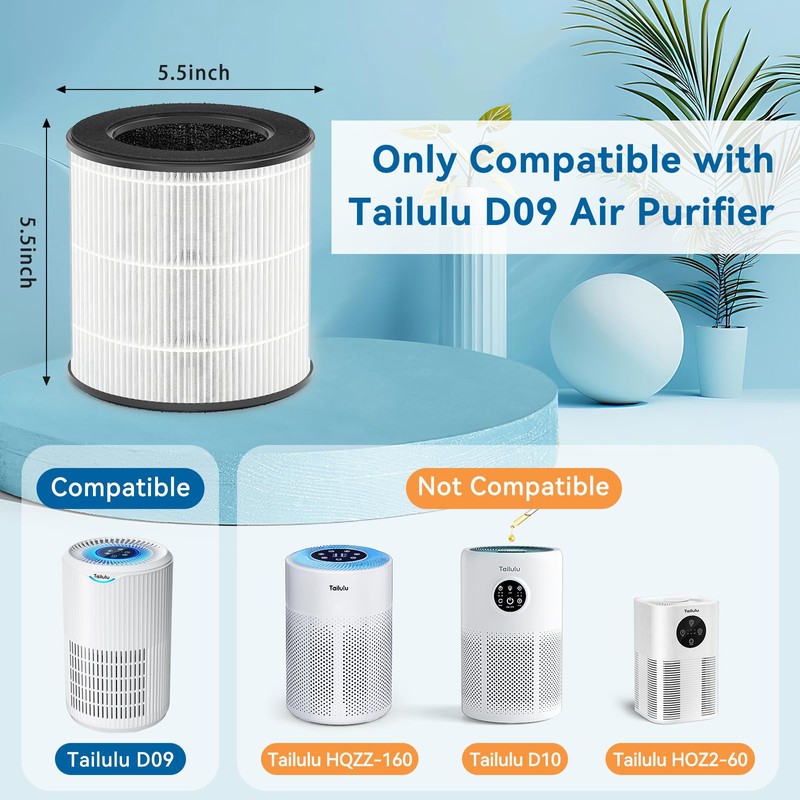 Tailulu Air Purifier Replacement Filter for D09 Air Cleaner, 3-in-1