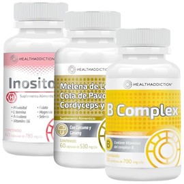 HEALTHADDICTION  Complejo B  Inositol con L-Teanina y Vitaminas  Frmula de Hongos Adaptgenos  3 Suplementos sin Gluten para Rutina Diaria  Neurofocus 