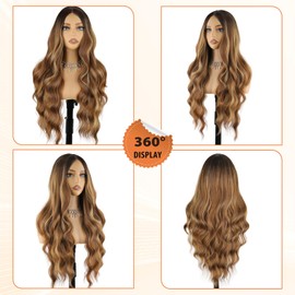 NOSTALGIA Honey Blonde Highlight Wig for Women 26 Inch Middle Part Curly Wavy Wig Natural Looking Synthetic Heat Resistant Fiber Wig for Daily Party Use