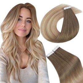 Easyouth Tape in Hair Extensions Human Hair Balayage Light Brown to Ash Blonde Mixed Platinum Blonde Human Hair Tape in Extensions Ombre Blonde Tape in Human Hair Extensions 18 inch 40g 20Pcs