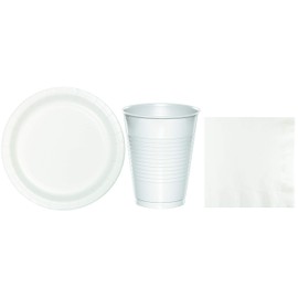 Baxters Party Bundles Bulk, White, 48 Count 9 Inch Paper Plates, 40 Count 16 Ounce Plastic Cups, 50 Count Luncheon Paper Napkins, Pack Contains 138 Pieces Made in The USA
