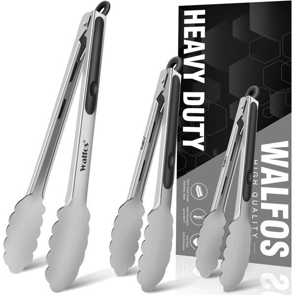 Walfos Kitchen Tongs Food Grade Stainless Steel Tongs for Cooking,BBQ - 18CM ，23CM and 30CM,Set of 3 Heavy Duty Locking Metal Food Tongs Non-Slip Grip