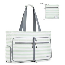 G4Free Beach Bags for Women, Large Foldable Travel Bag with Zip, Waterproof Sandproof Beach Bag, Pool Bag, Light green striped