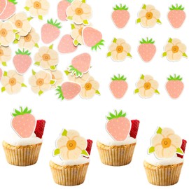 Gyufise 60Pcs Edible Strawberry Cupcake Toppers Wafer Paper Strawberry Flower Bridal Engagement Baby Shower Birthday Party Cupcake Picks Anniversary Party Decorations Supplies Pink