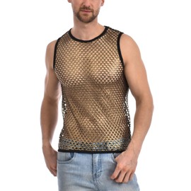 Gary Majdell Sport Men's See Through Spandex Fish Net Fitted Muscle Tank Top for Club, Beach, or Gym Wear (Liquid Gold, Medium)