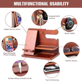 KIKIGOAL Wooden Phone Docking Station Nightstand Bedside Table Organiser Phone Wallet Watch Key & Gadget Holder Stand, Anniversary Idea Valentines Birthday Gifts for Him Men Husband Wife