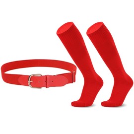 VASANA Red Baseball Socks and Belt Set Adjustable Softball Socks Elastic PU Leahther Waist Belt Sport Accessory for Unisex Youth (Suitable for Shoe Sizes 26-34 EU/18-22 CM)