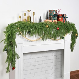 2Pcs 6Ft Christmas Decor Norfolk Pine Garland, Artificial Greenery Garlands for Outdoor Christmas Decorations Indoor, Real Touch Cedar Garland for Table Mantle Wall Fireplace Holiday Winter Decor