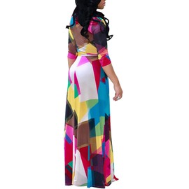 Locryz Women's V Neck 3/4 Sleeve Digital Floral Printed Party Loose Long Maxi Dress with Belt S-3XL (L, Red)