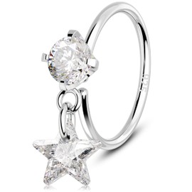 Melighting 20G Nose Hoop Ring 925 Sterling Silver Seamless Open Nose Piercing Dangle Star Helix Earring Clear CZ 8 mm Cartilage Earring Nose Ring