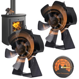 Flanagan 2 PCS Fireplace Fans, 6 Blades Stove Fan,7in Log Burner Fan Heat Powered Fireplace Fan for Wood Burning Stove/Log Burner/Fireplace(Include Magnetic Thermometer) (6 Blades)