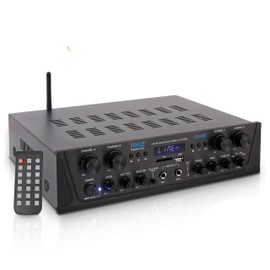Pyle 500W Wireless Bluetooth Karaoke Amplifier - 4 Stereo Channels, Front Panel AUX In, MIC1 and MIC2, RCA In, USB-A, SD/MMC - Discrete Mic Vol with Echo and Talk Over, Sub Out, Rec Out - PT44BT.5