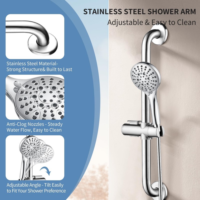 BRIGHT SHOWERS Stainless Steel Grab Bar Set – Includes Handheld