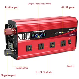 Cantonape 2500W Power Inverter 12V to 110V/120V DC to AC with LCD Display, Remote Controller 4 x AC Outlets and 4 x 3.1A USB Car Adapter for Car Truck Boat RV Solar System