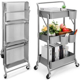 Foldable 3 Tier Metal Utility Rolling Cart, Folding Mobile Multi-Function Storage Trolley Organizer Cart for Home Library Office(Grey)