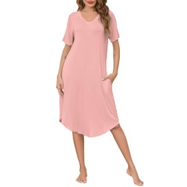Wikoan Women's Nightdress Short Sleeve Nightgowns Long with V-Neck Night Dress Summer Sleepwear Nursing Nightdress House Dress with Pockets S-XXL, pink